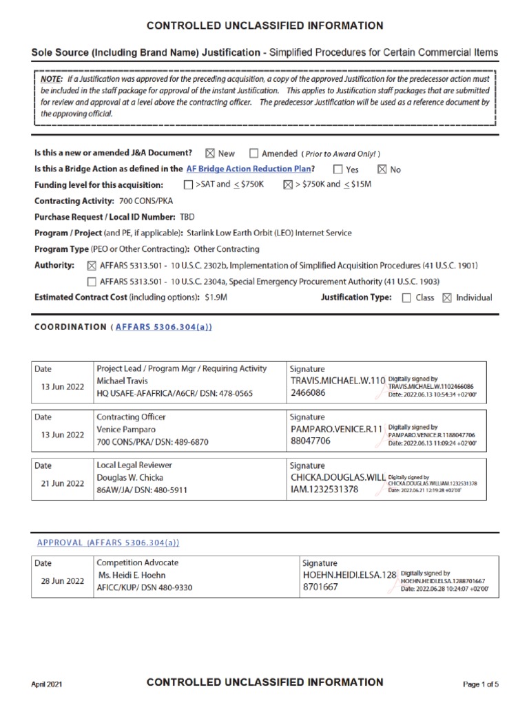 Starlink Contract Justification for 86 AW | PDF | Satellite | Spaceflight