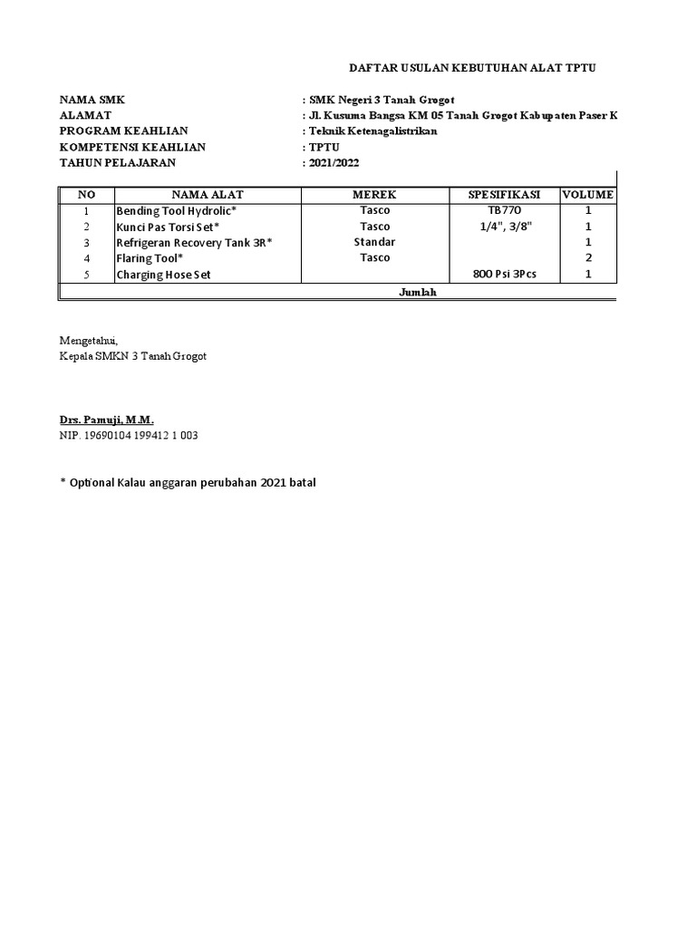 Usulan Alat dan Bahan TPTU SMK | PDF