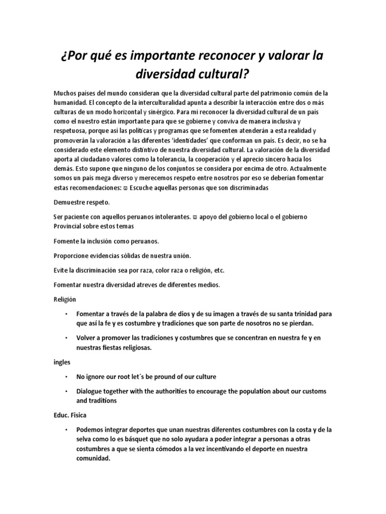 Importancia de Valorar la Diversidad Cultural | PDF | Interculturalidad