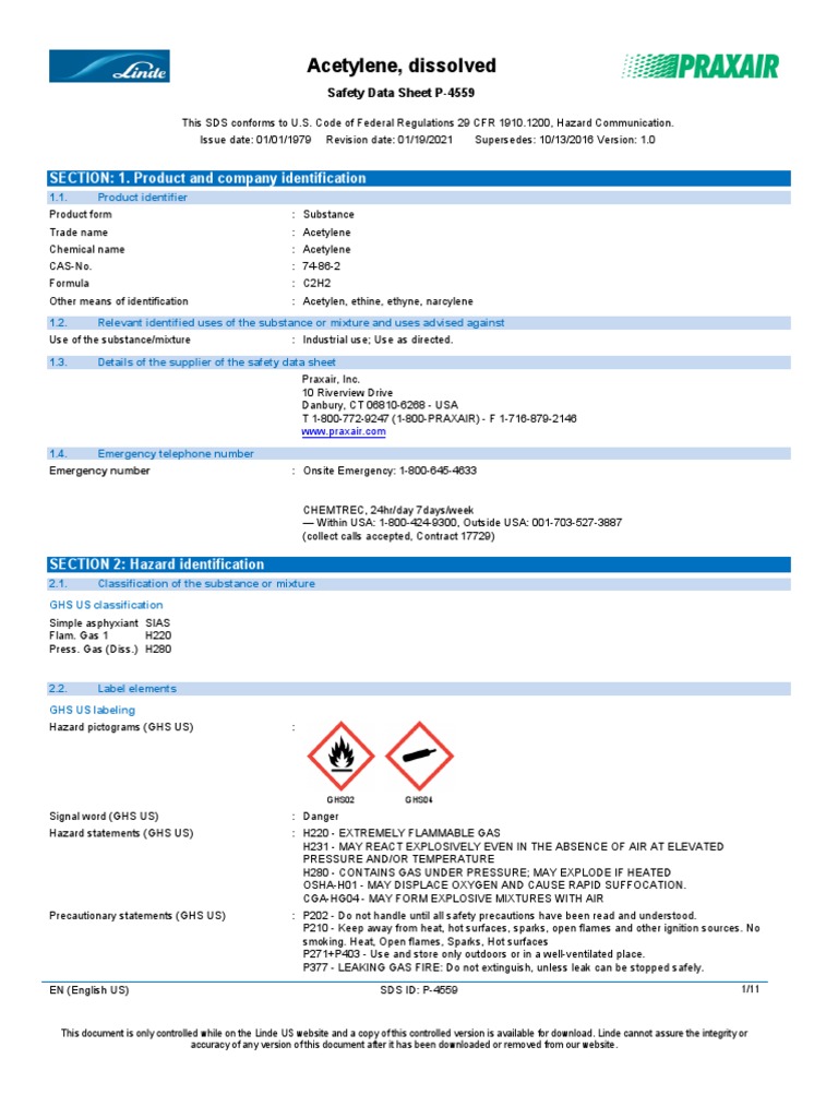 Acetylene Gas c2h2 Safety Data Sheet Sds p4559 | PDF | Firefighting ...