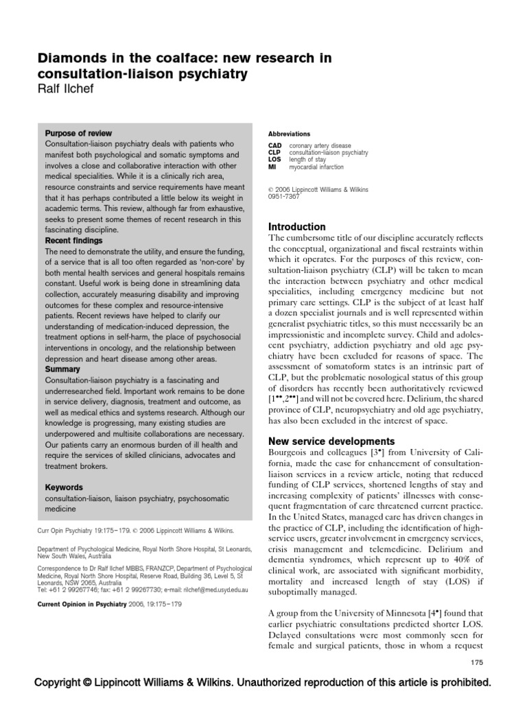 Consultation Liaison Psychiatry Pdf Psychiatry Mental Disorder