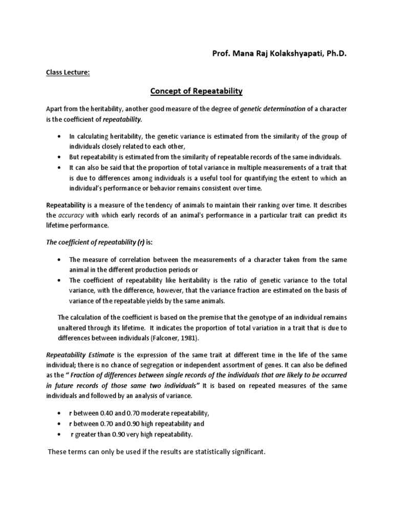 7b. Concept of Repeatability | PDF | Heritability | Genetics