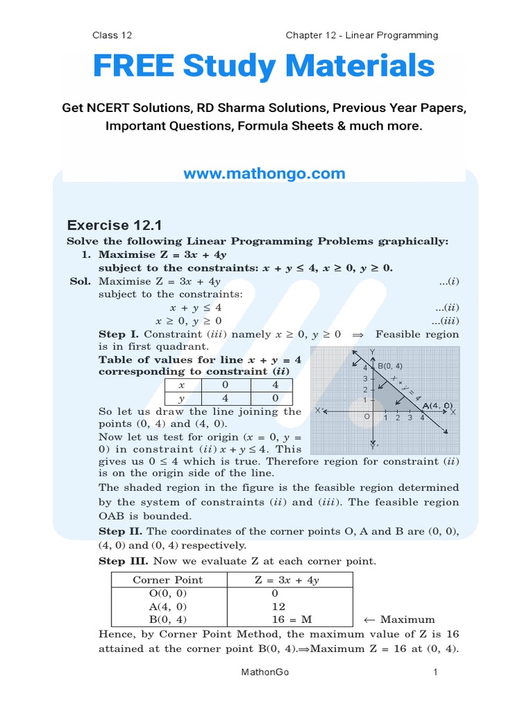 NCERT Solutions Class 12 Maths Chapter 12 Linear Programming | PDF ...