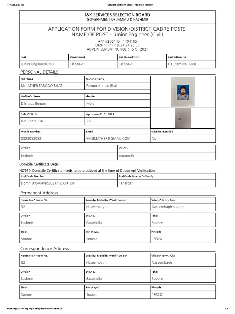 J&K Junior Engineer Application Form | PDF | Common Law | Public Law