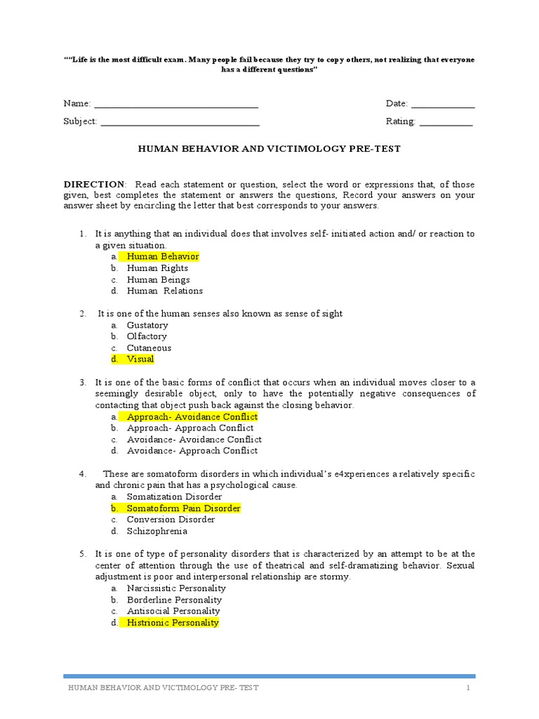 Human Behavior Pre - Test With Answer Key | PDF | Id | Mental Disorder
