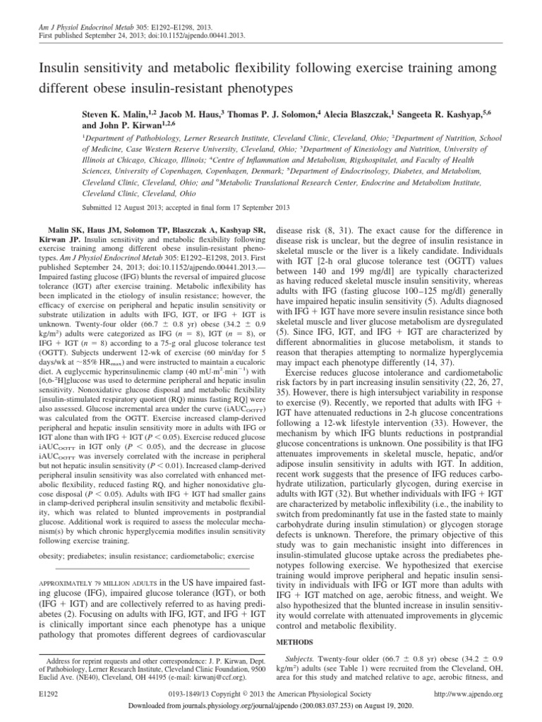 Insulin Sensitivity and Metabolic Flexibility Following Exercise ...