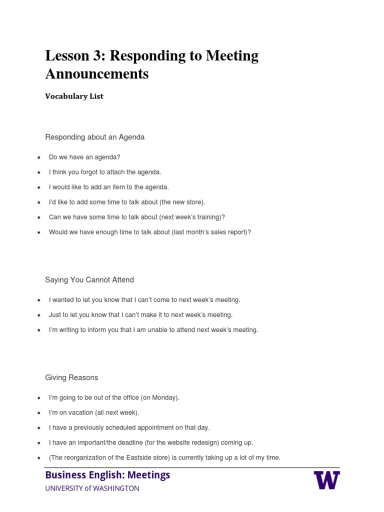 Lesson 3: Responding To Meeting Announcements: Vocabulary List | PDF ...