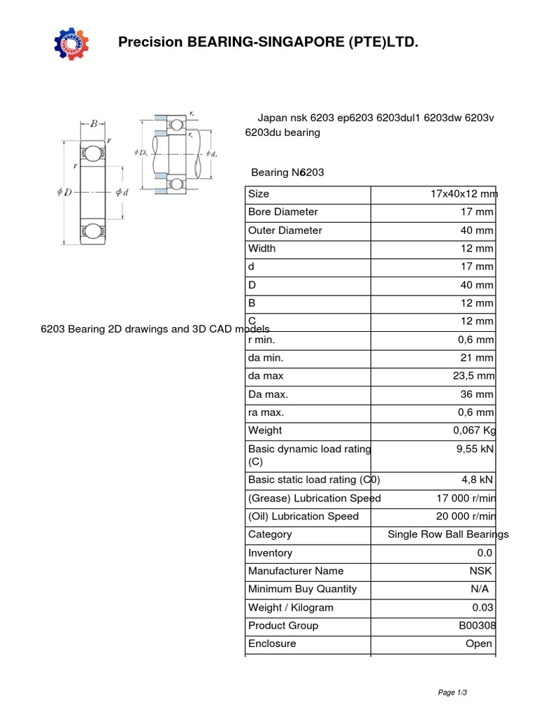NSK 6203 Bearing Specifications | PDF | Bearing (Mechanical ...