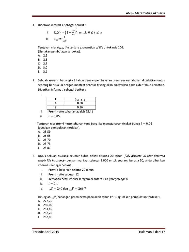 A60 Matematika Aktuaria April 19 Pdf