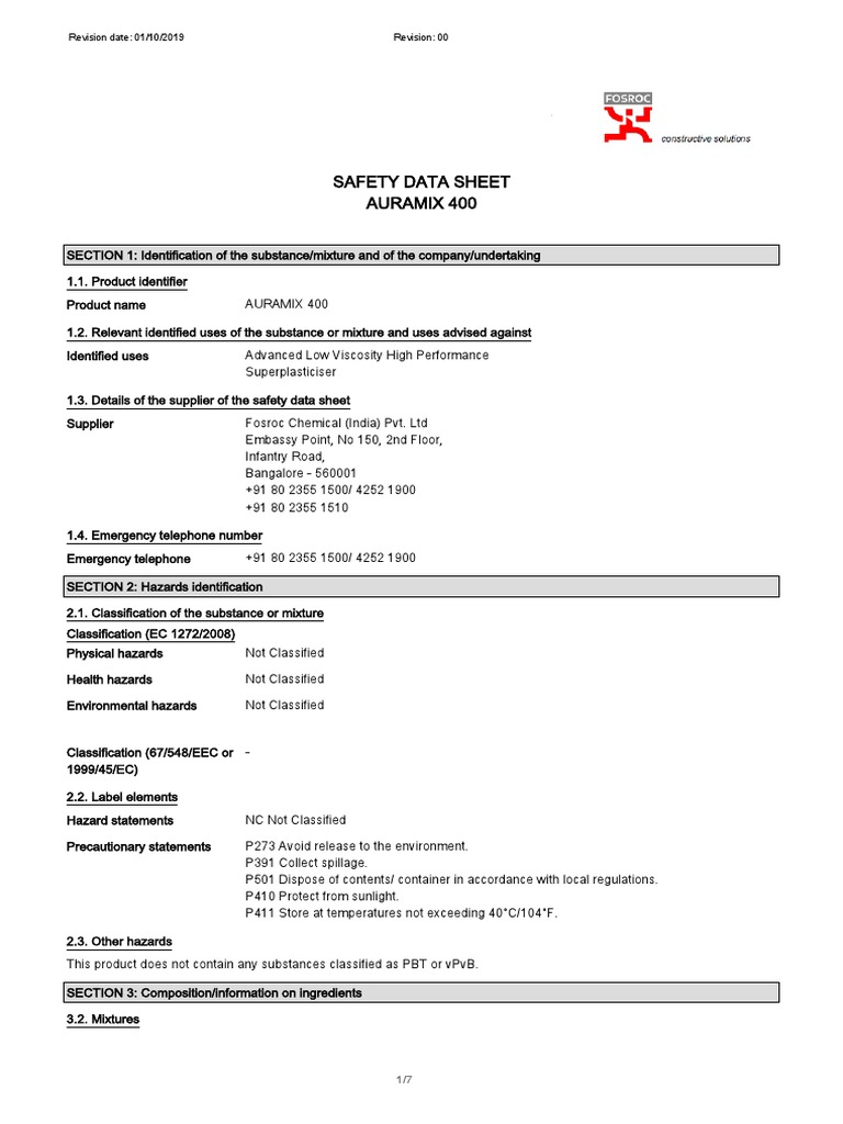 SDS AURAMIX 400 India2 | PDF | Working Conditions | Environmental Science