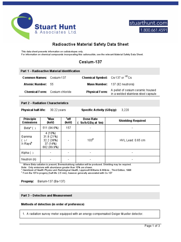 Radioactive Material Safety Data Sheet Cesium137 PDF Ionizing
