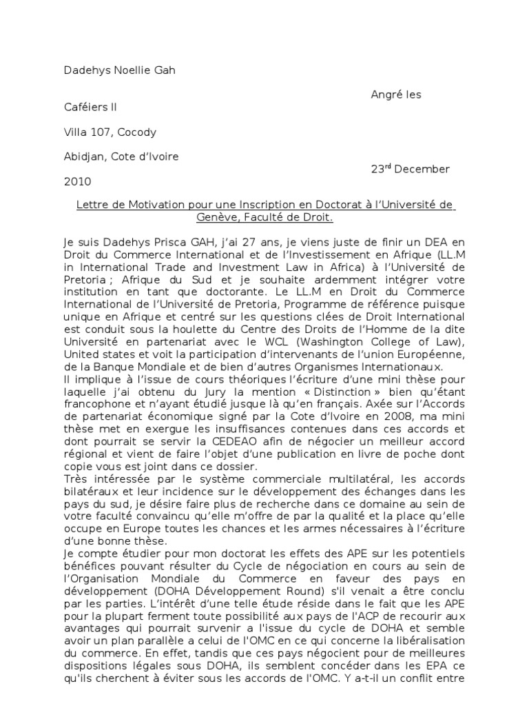 Lettre de Motivation pour un Doctorat à l'UNIGE