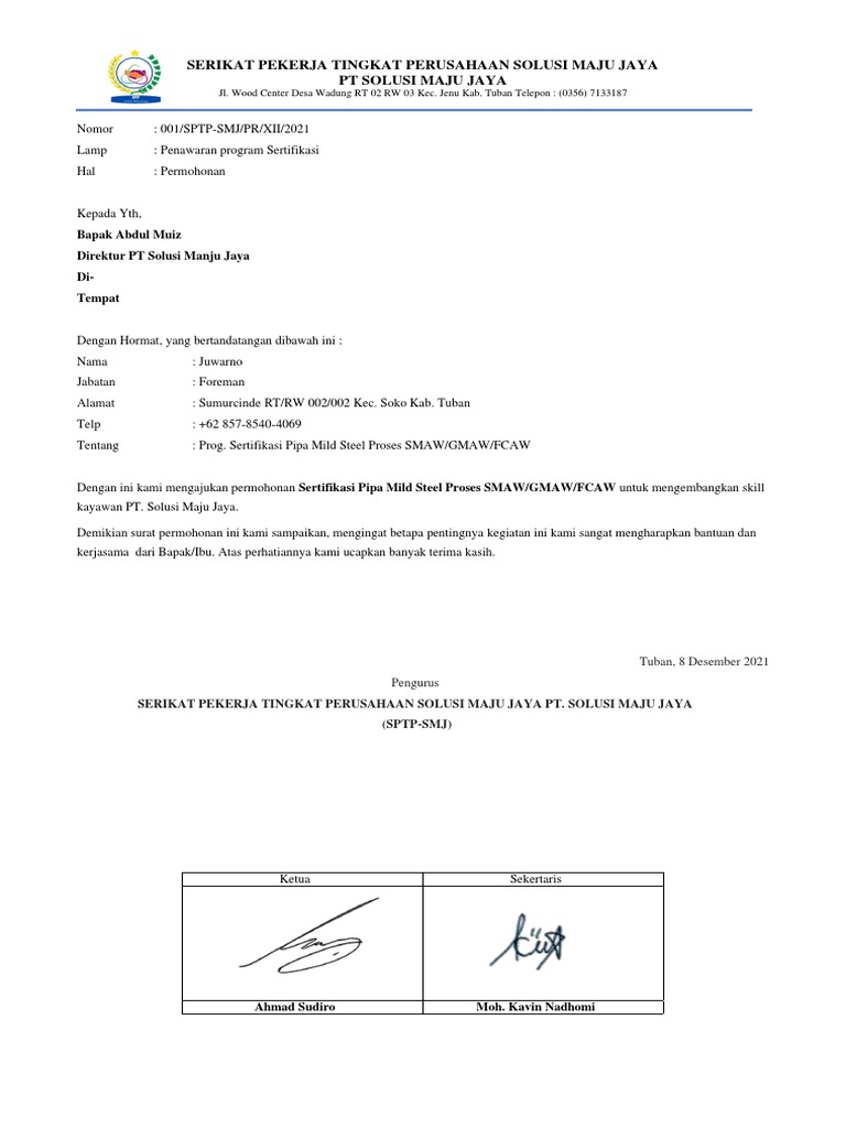Surat Pengajuan Pelatihan Welder Juwarno PDF