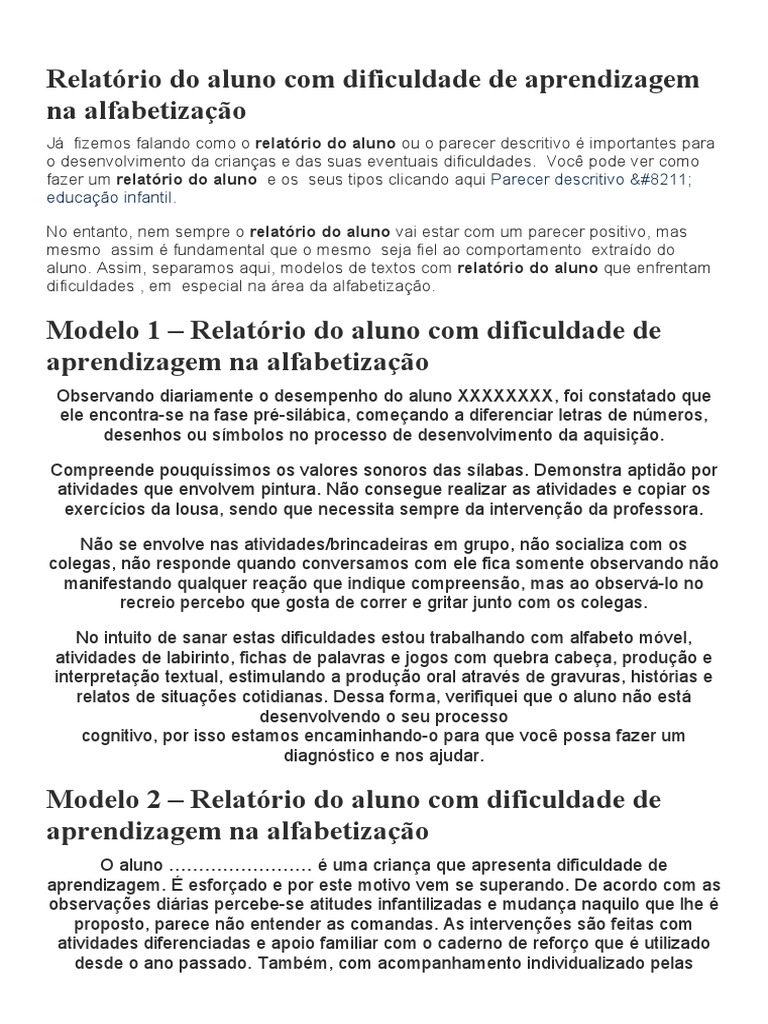 Relatório de Dificuldades na Alfabetização | PDF | Alfabetização ...