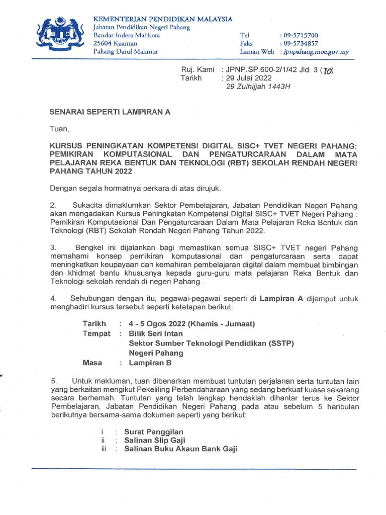 Surat Kursus Pengaturcaraan RBT SR Sisc+ Tvet | PDF