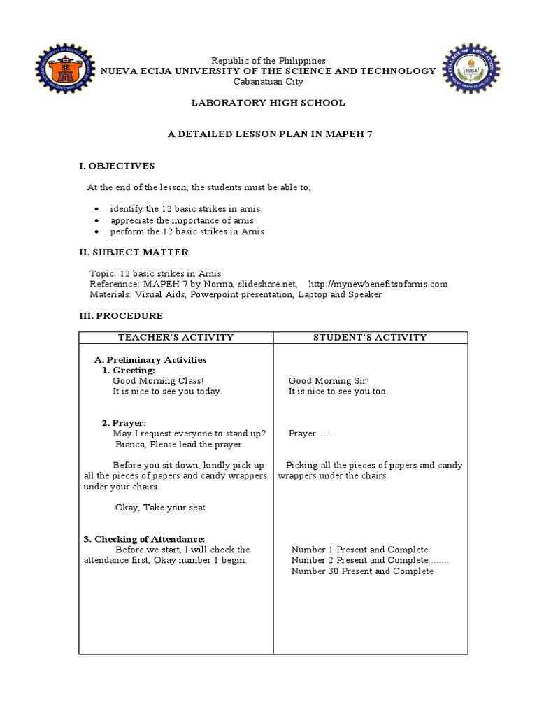 Lesson Plan Arnis Demo Teaching PDF