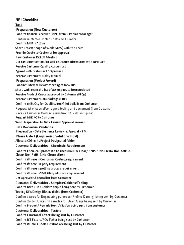 NPI Checklist PDF Mass Production Verification And Validation