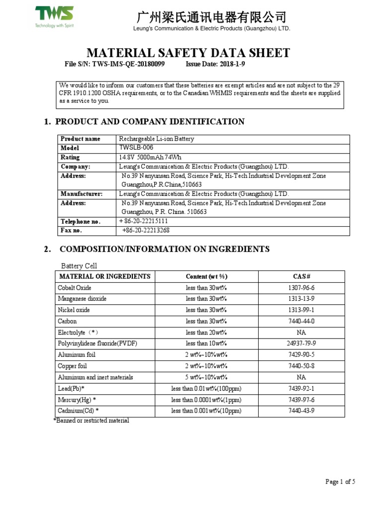 Li-ion Battery Safety Data Sheet | PDF | Firefighting | Dangerous Goods
