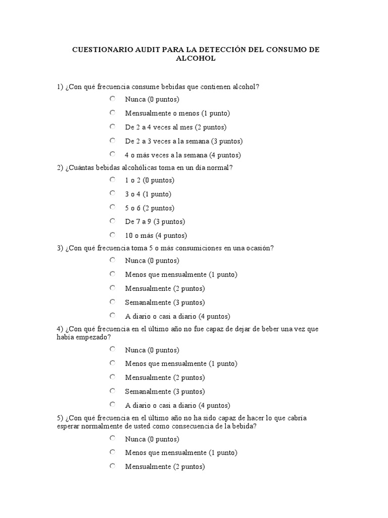 Cuestionario Audit para La Detección Del Consumo de Alcohol PDF