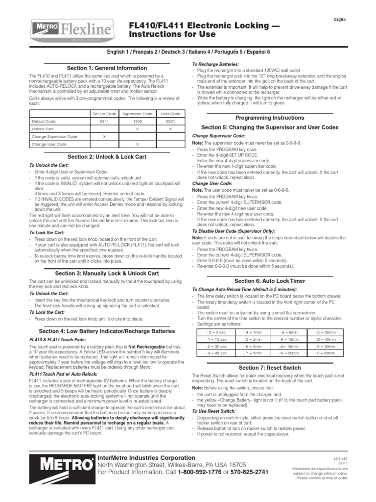 FL410/FL411 Cart Locking Instructions | PDF | Switch | Battery Charger