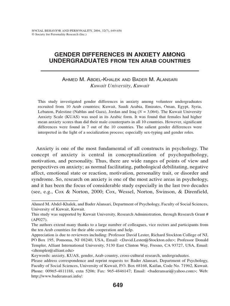 Gender Differences in Anxiety | PDF | Mental Disorder | Anxiety Disorder