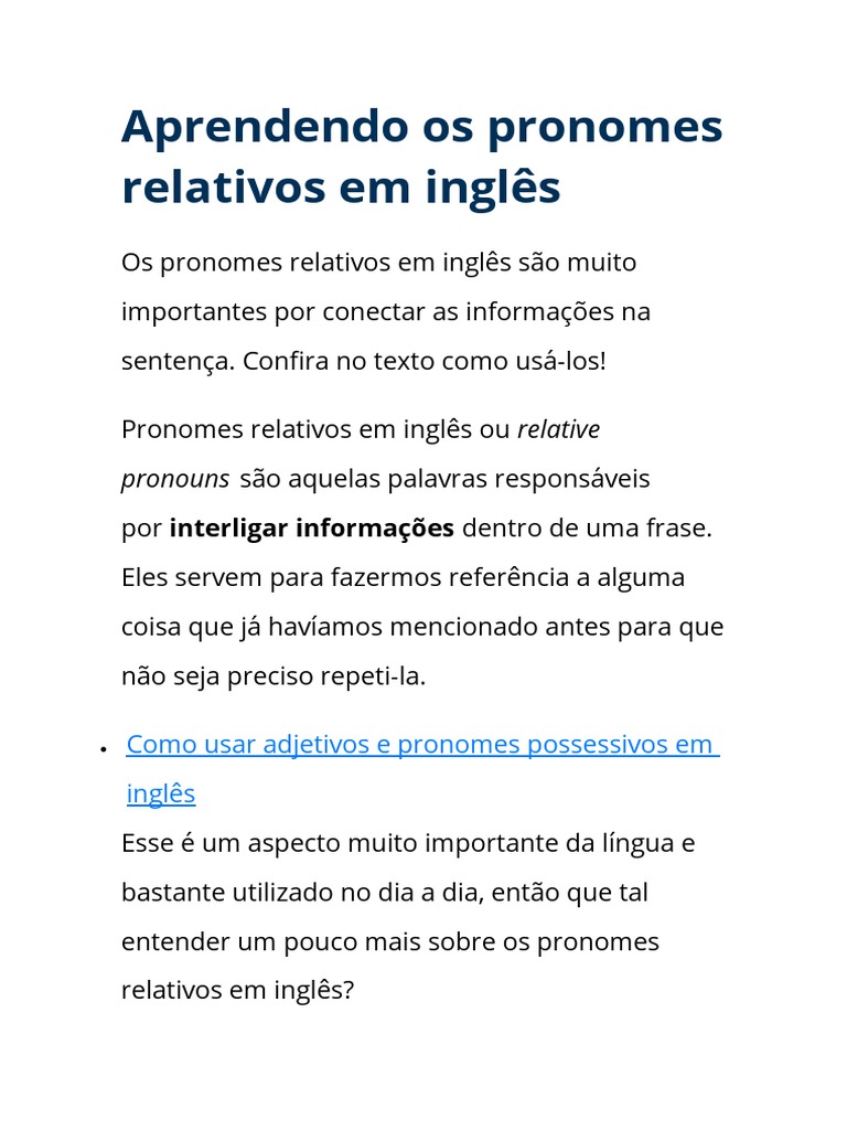 Pronomes Relativos em Inglês: Guia Completo | PDF | Pronome | Língua ...