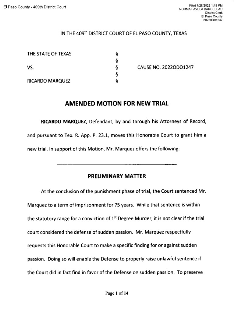 Ricardo Marquez 20220d01247 Amended Motion For New Trial | PDF