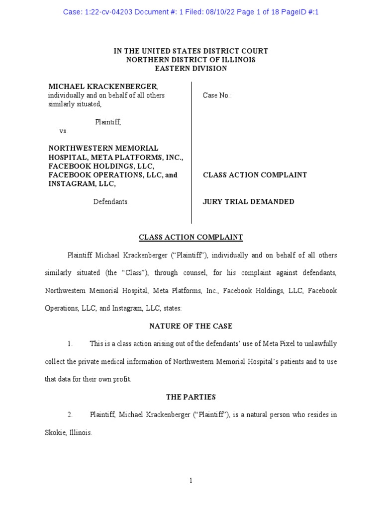 2022 08 10 DOC 1 Class Action Complaint v. NW Memorial Hospital, Et Al ...