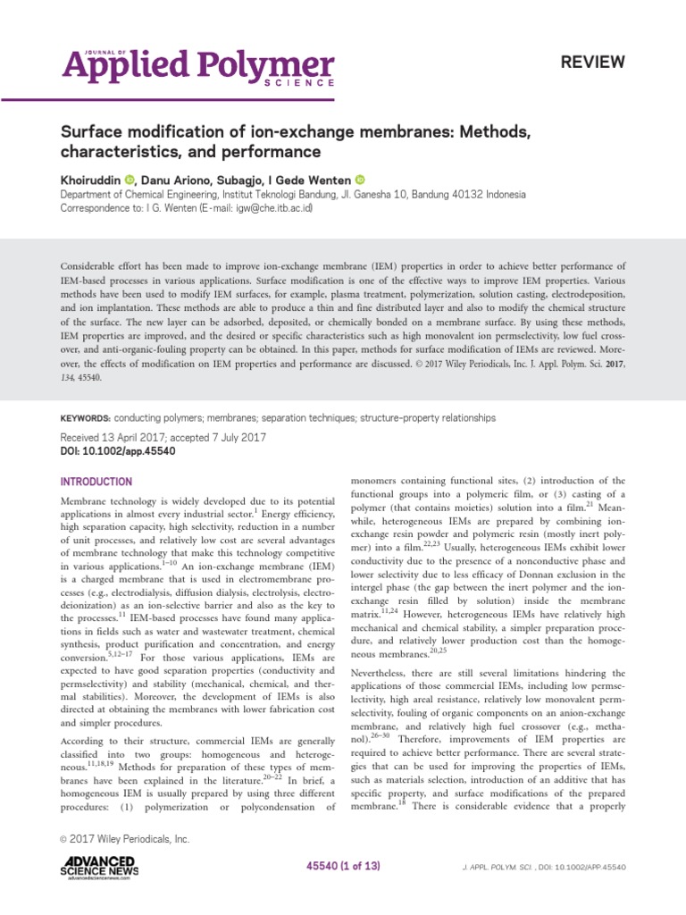 Surface Modification of Ion-Exchange Membranes | PDF | Ion Exchange | Ion