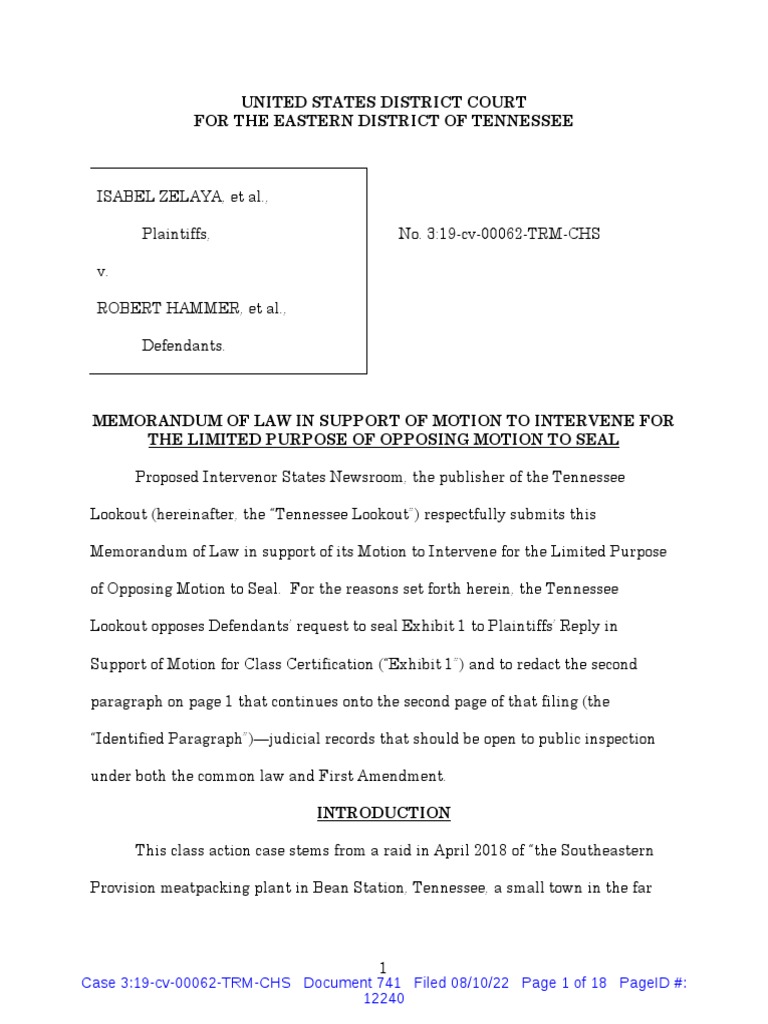 Tennessee Lookout's Motion To Intervene in Slaughterhouse Raid Case