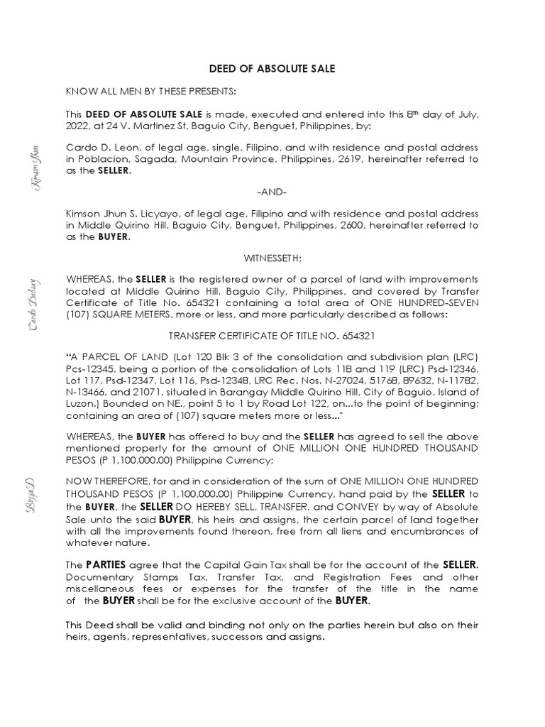 Absolute Contract of Sale Sample PDF Property Law Property