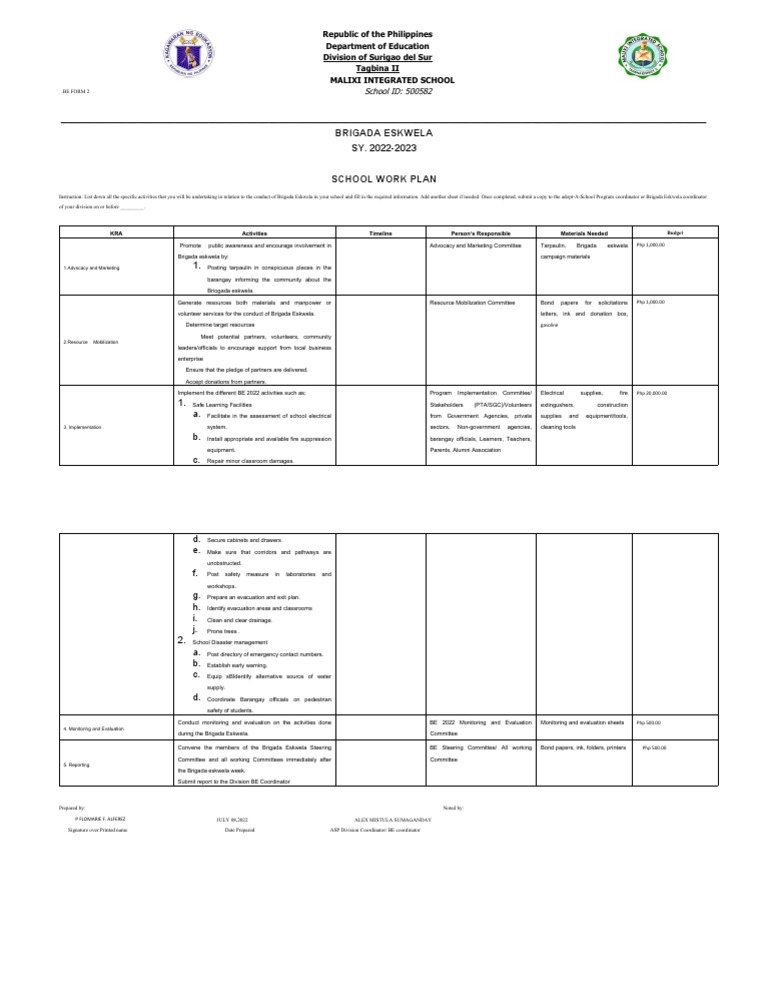 Brigada Eskwela Form 2 School Work Plan | PDF | Volunteering
