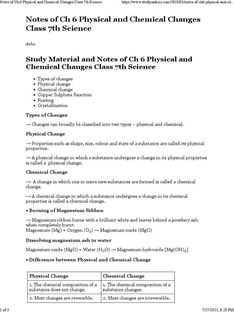Notes of Ch 6 Physical and Chemical Changes Class 7th Science | PDF ...
