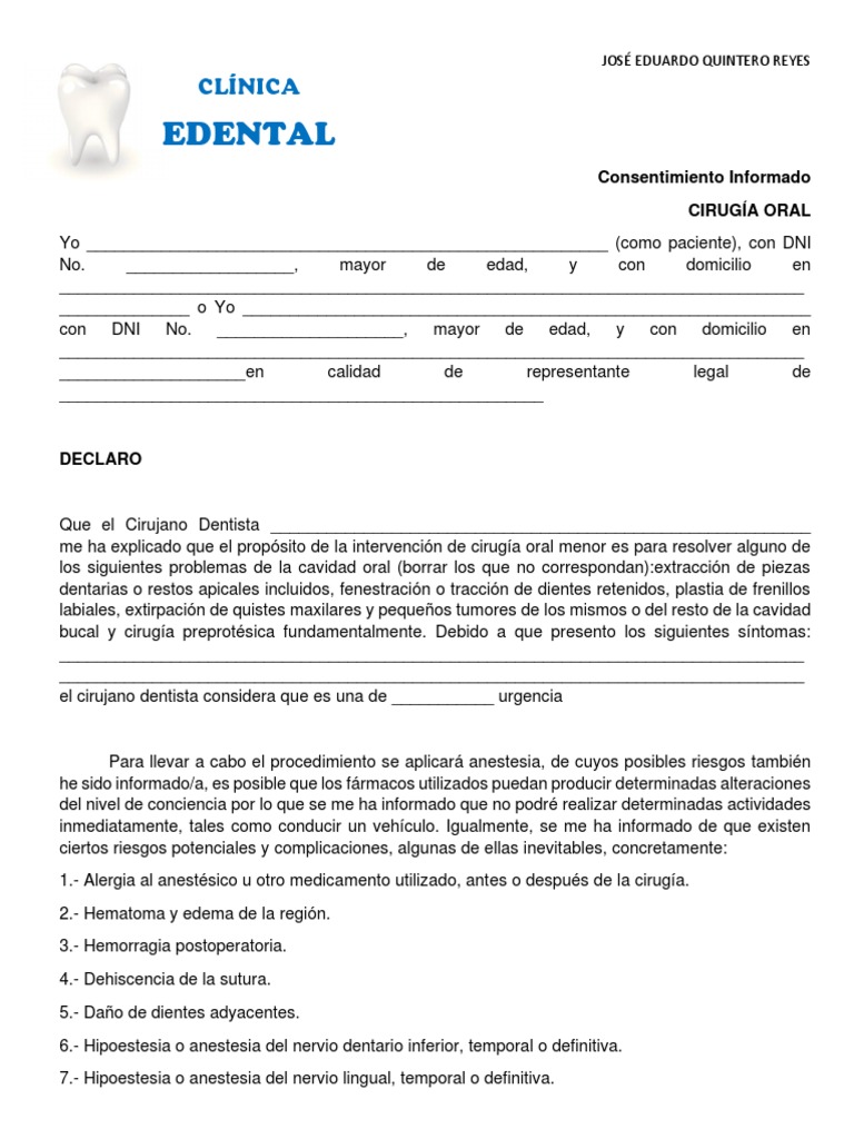Consentimiento para Cirugía Oral | PDF | Cirugía | Odontología