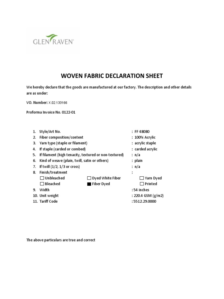 Woven Fabric Declaration Sheet | PDF | Science & Mathematics ...