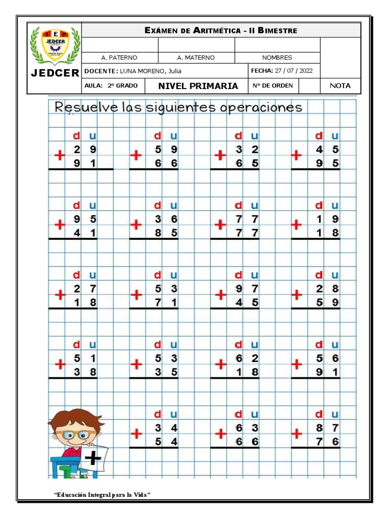 EXAMEN DE ARITMETICA 2 GRADO PRIMARIA 2do Bim | PDF