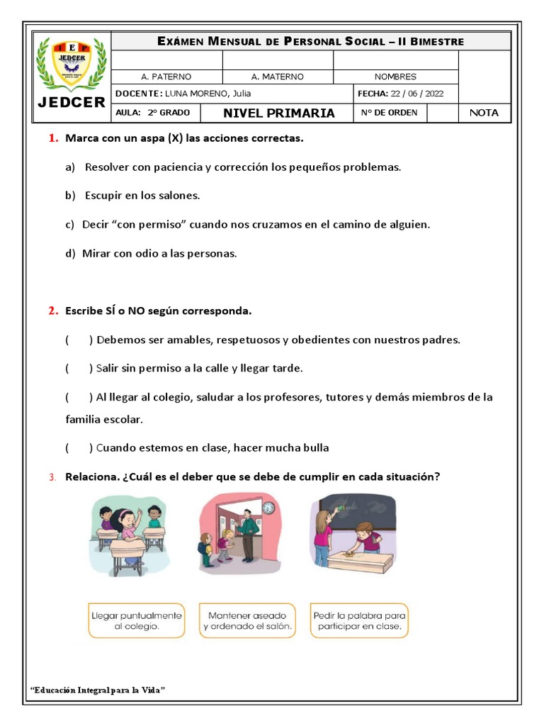 Examen Mensual de Personal Social 2° Grado | PDF | Salud y bienestar