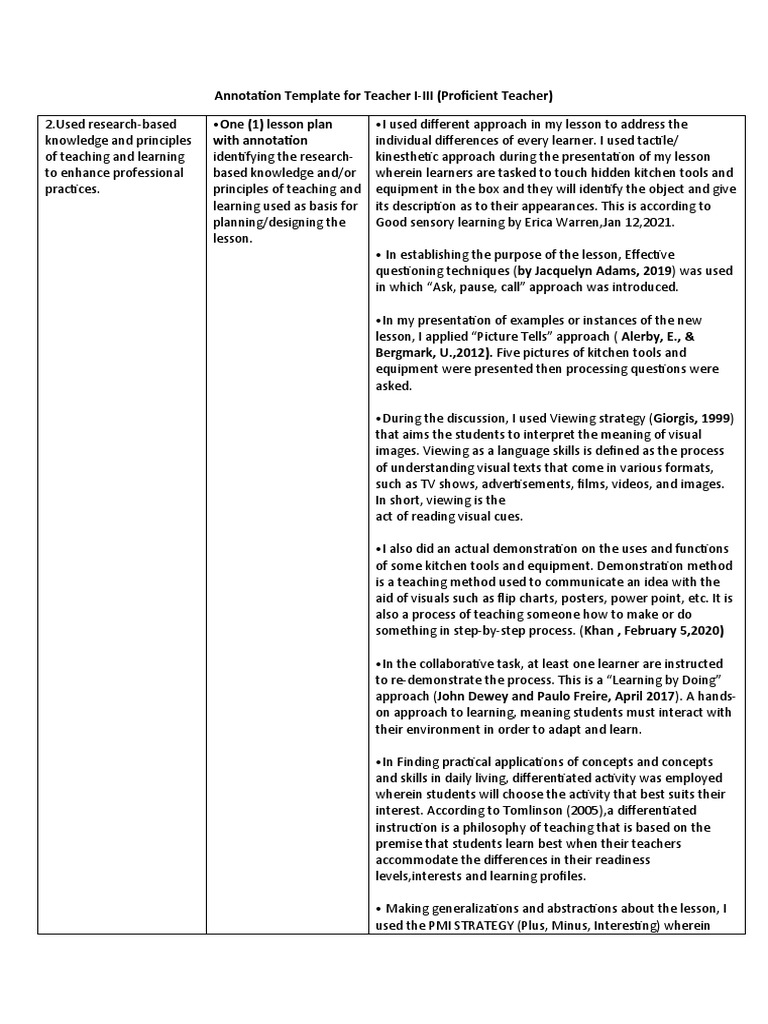 Annotation Template For Teacher I III (Proficient Teacher) With