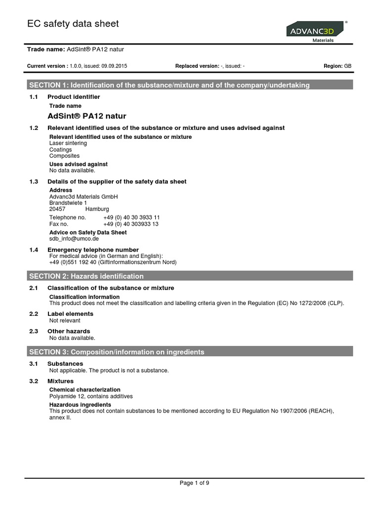 Ec Safety Data Sheet: Adsint® Pa12 Natur | PDF | Working Conditions ...