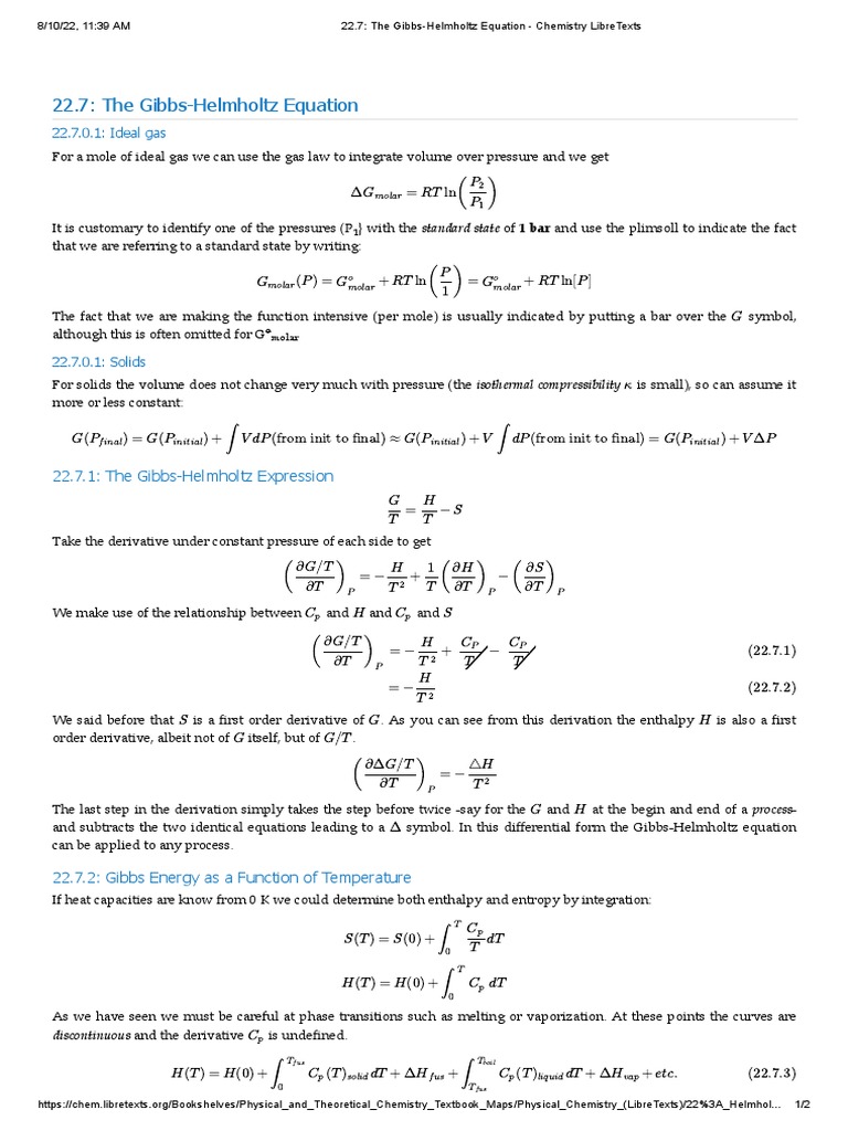 22.7 The GibbsHelmholtz Equation 22.7.0.1 Ideal Gas Download Free