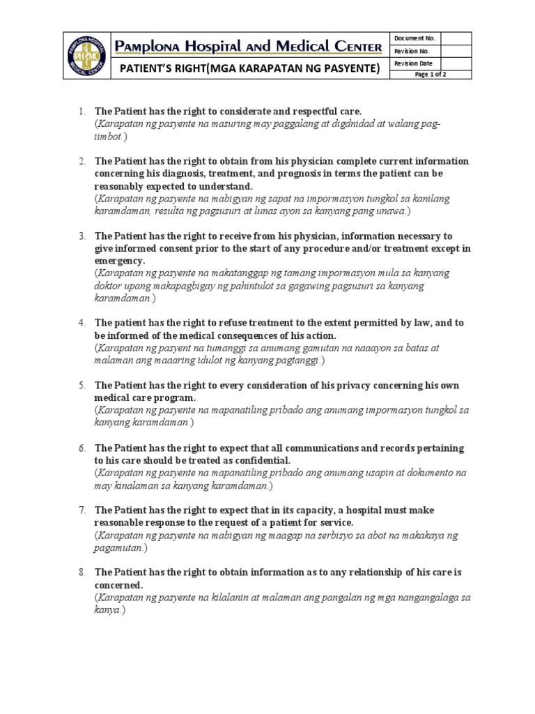 Patients' Right (EnglishTagalog) PDF Patient Public Services