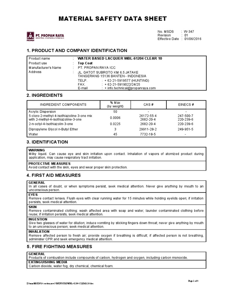 MSDS WATER BASED LACQUER WBL61204 CLEAR 10 PDF Exhaust Gas