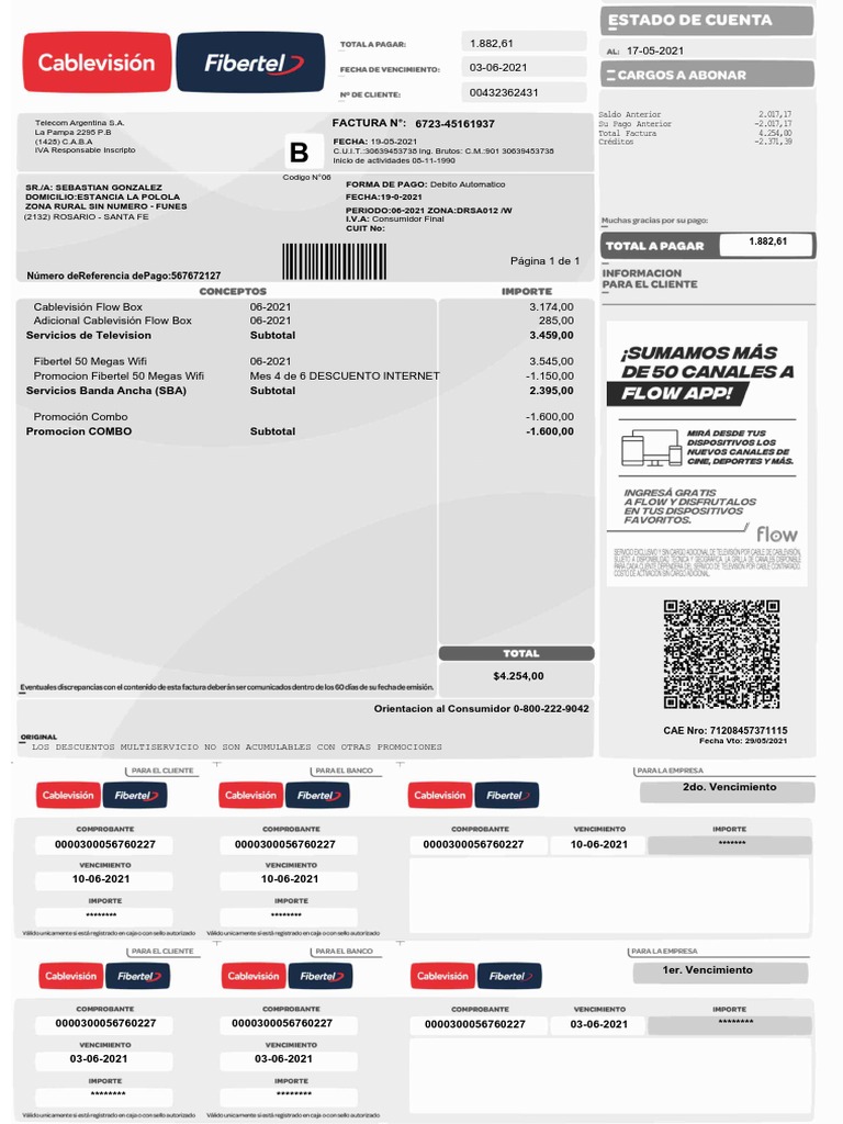 Factura Cablevision Sebastian Gonzalez PDF Buenos Aires