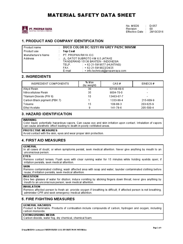 MSDS Duco Color DC12211 HV Grey P429C 90ivsm PDF Combustion