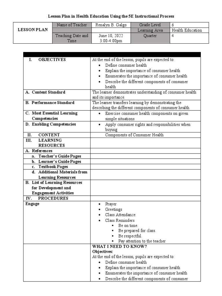 Lesson Exemplar in Health Education Using The IDEA Instructional ...