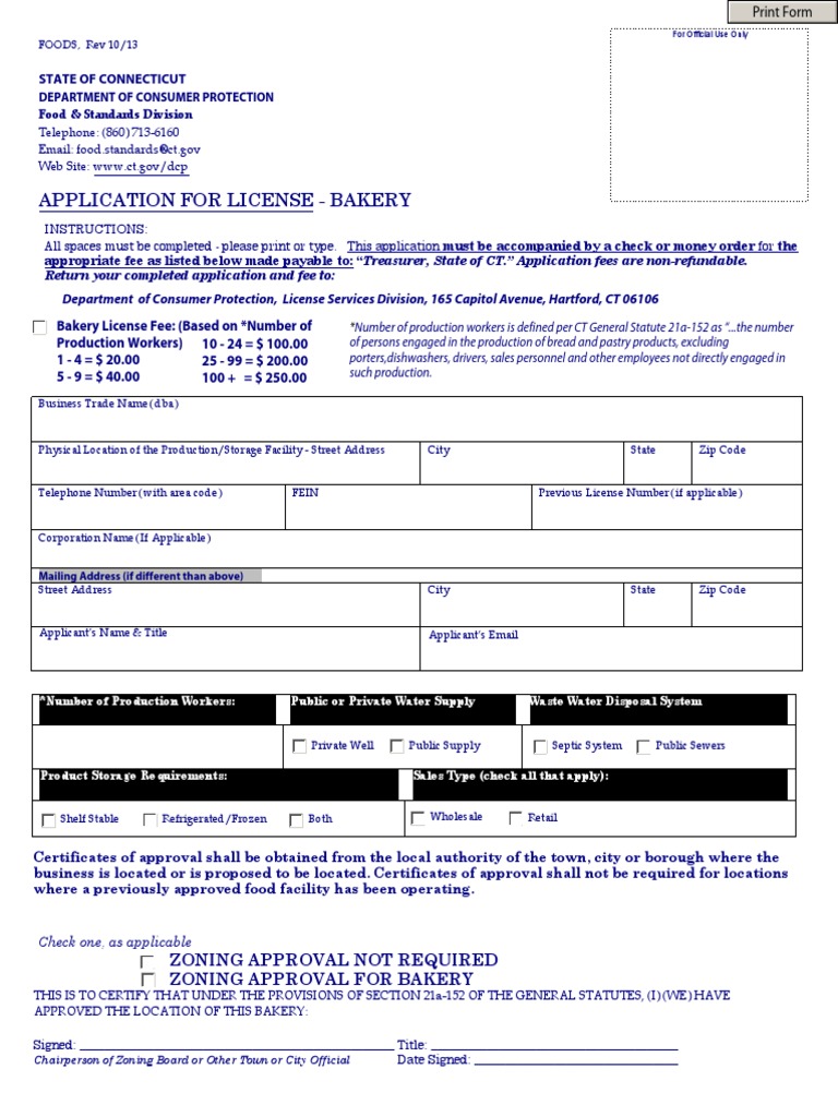 Bakery License Application PDF Fee Economies