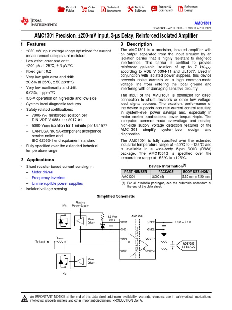 AMC1301 Precision, 250mV Input, 3 S Delay, Reinforced Isolated