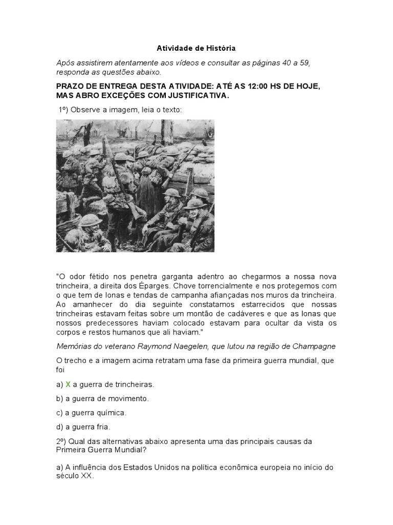 Atividade de História-Primeira Guerra Mundial | PDF