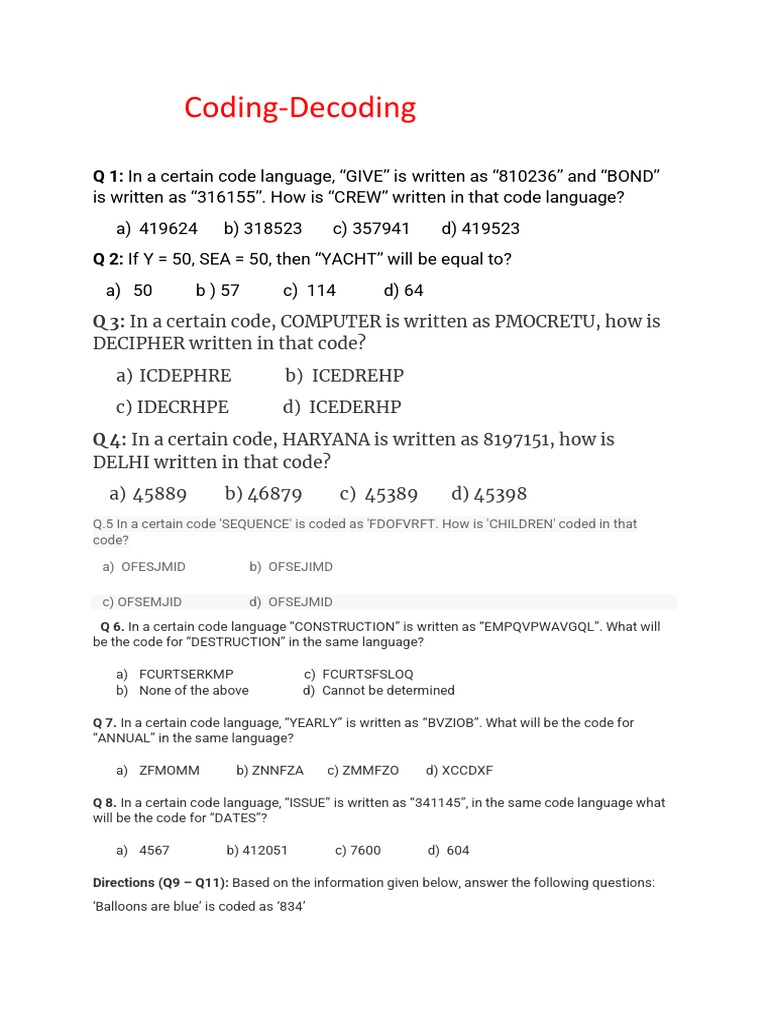 Coding-Decoding: Q 1: in A Certain Code Language, "GIVE" Is Written As ...