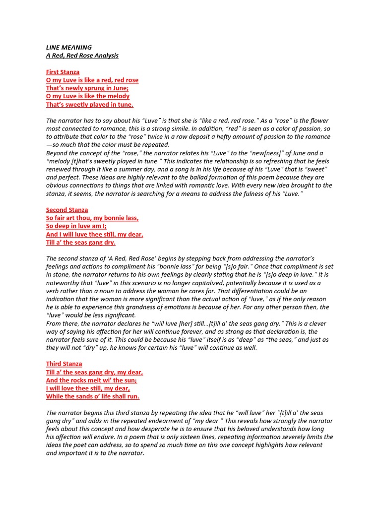 Line Meaning A Red, Red Rose Analysis PDF
